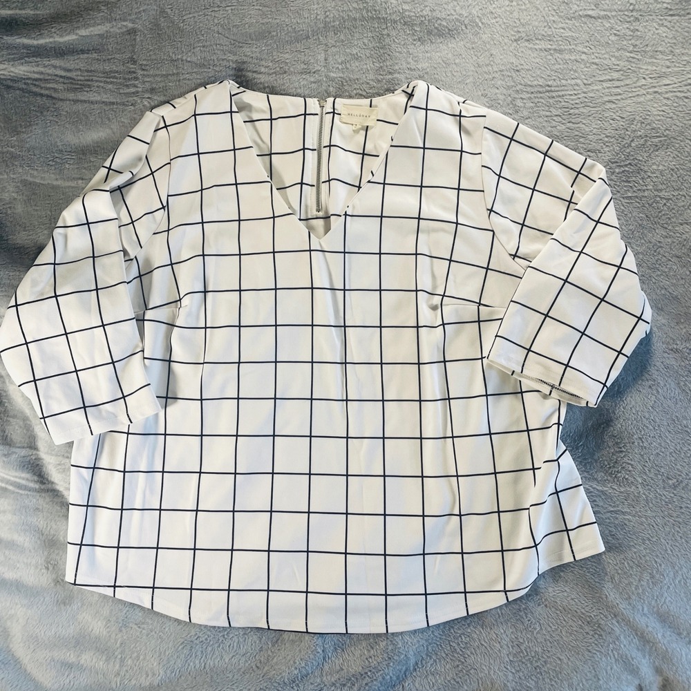 Plus Size 3X White Windowpane Grid Blouse‎ V Neck 3/4 Sleeve Workwear Top